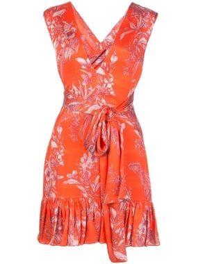 Alexis Coral-Orange Floral Wrap Mini Dress with Waist Tie